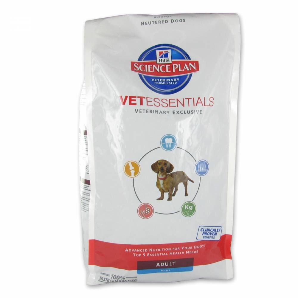 Sac de nourriture pour chiens. Blanc avec bande rouge. Inscription : Science Plan VetEssentials, Adult Mini. Image d'un chien.