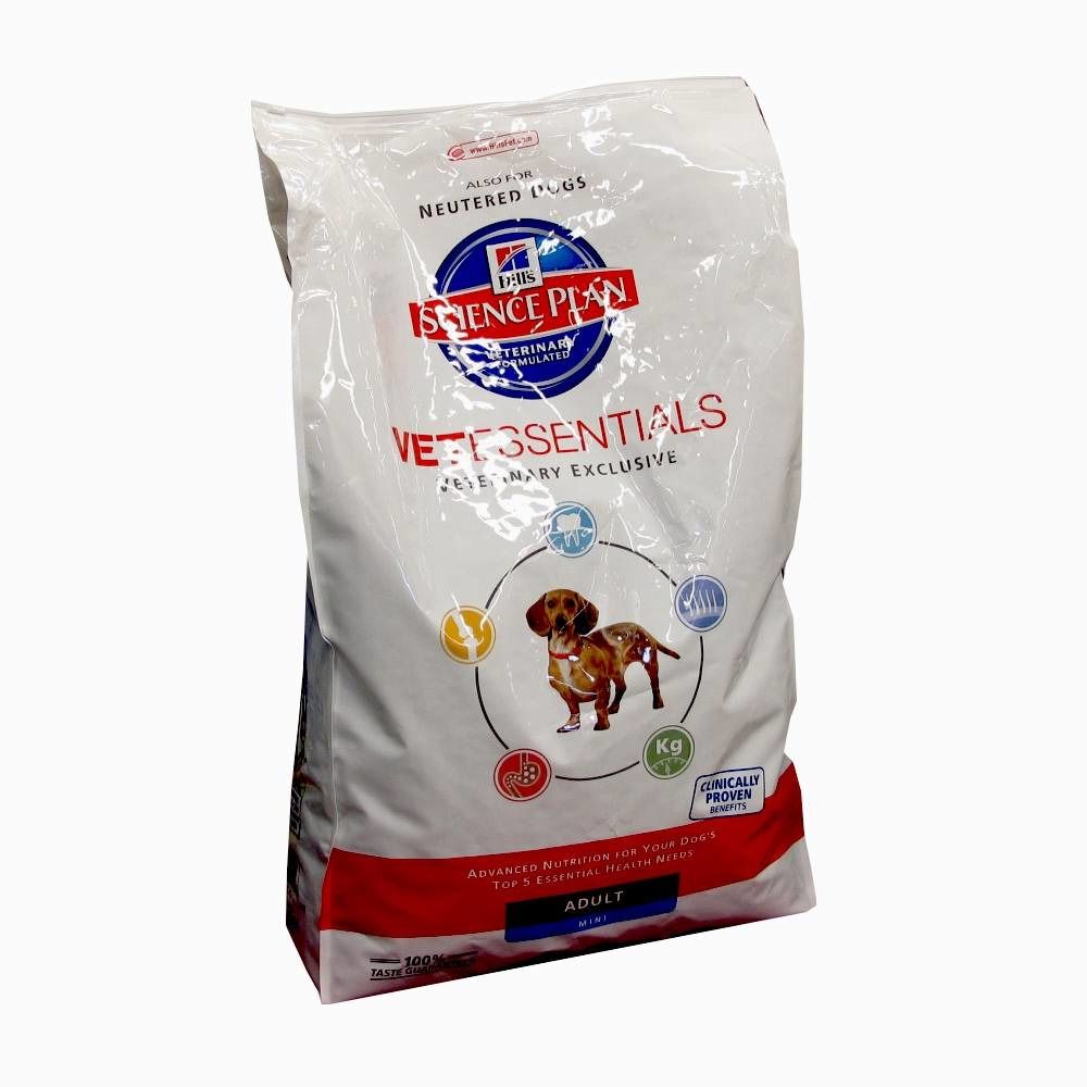 Sac blanc avec impression. Logo Hill's Science Plan. Texte : VetEssentials, Adult. Illustration d'un chien.