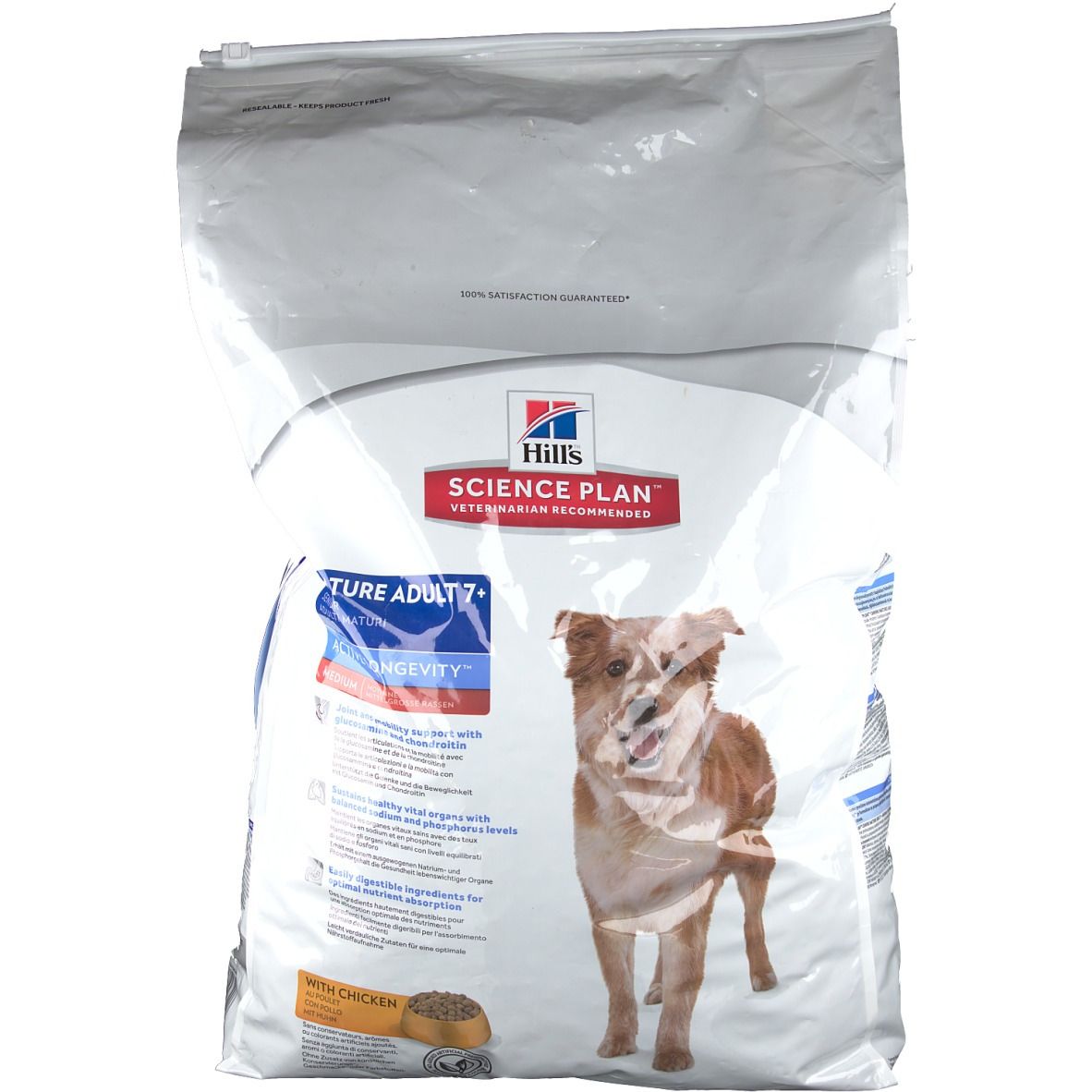 Sac de nourriture pour chiens Hill's Science Plan Mature Adult. Image d'un chien et informations produit.
