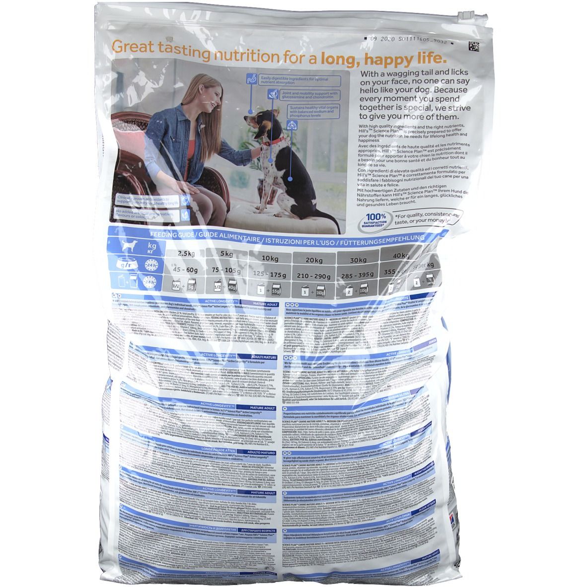 Dos du sac de nourriture pour chiens. Contient des informations nutritionnelles et une image d'un chien et d'une personne.
