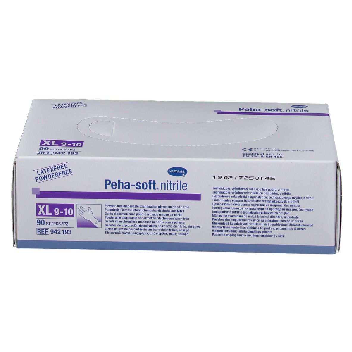 Boîte de gants d'examen Peha-soft nitrile, taille XL 9-10. Sans latex et sans poudre. 90 pièces. Informations sur le produit.