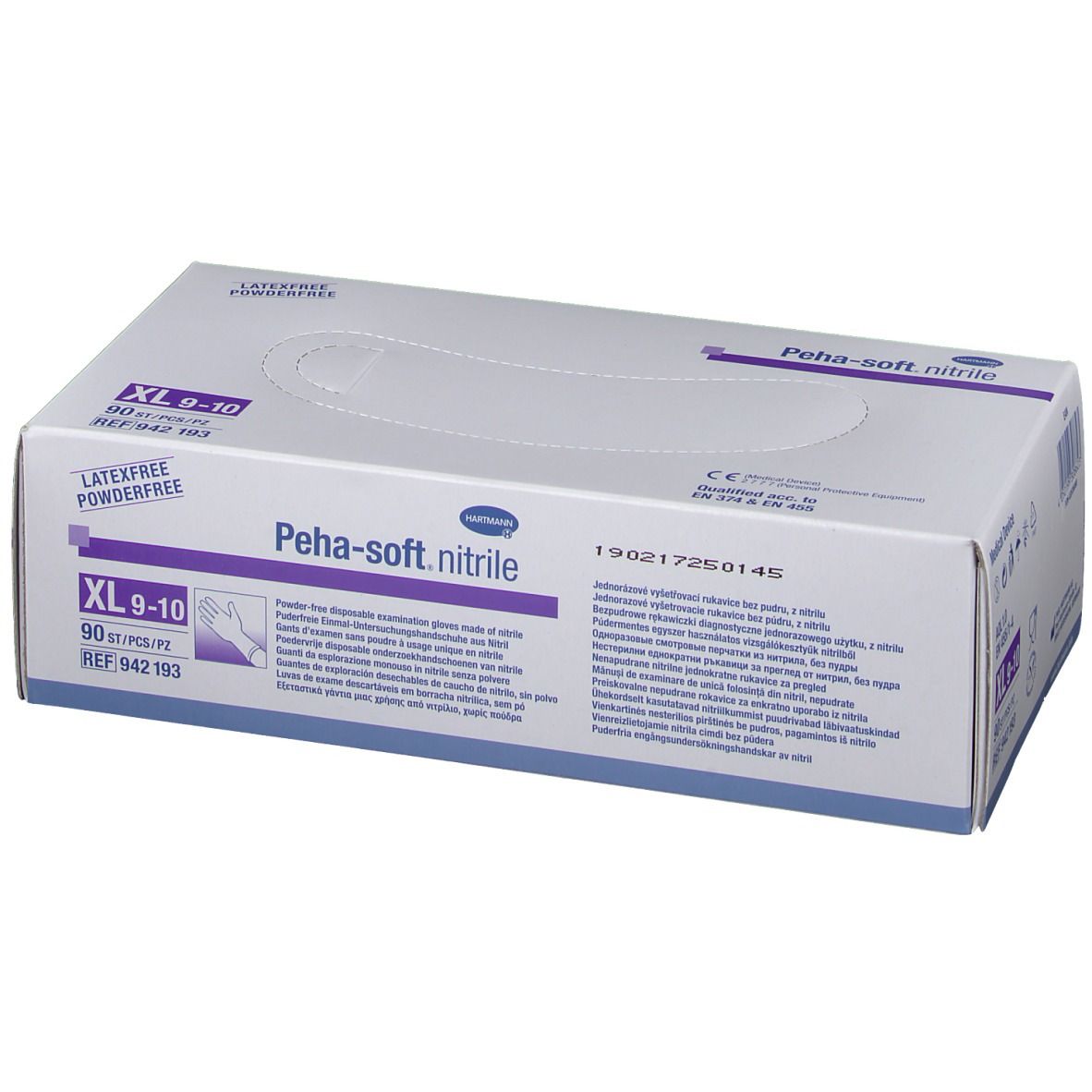Boîte de gants d'examen Peha-soft nitrile, taille XL 9-10. Sans latex et sans poudre. 90 pièces. Emballage du produit.