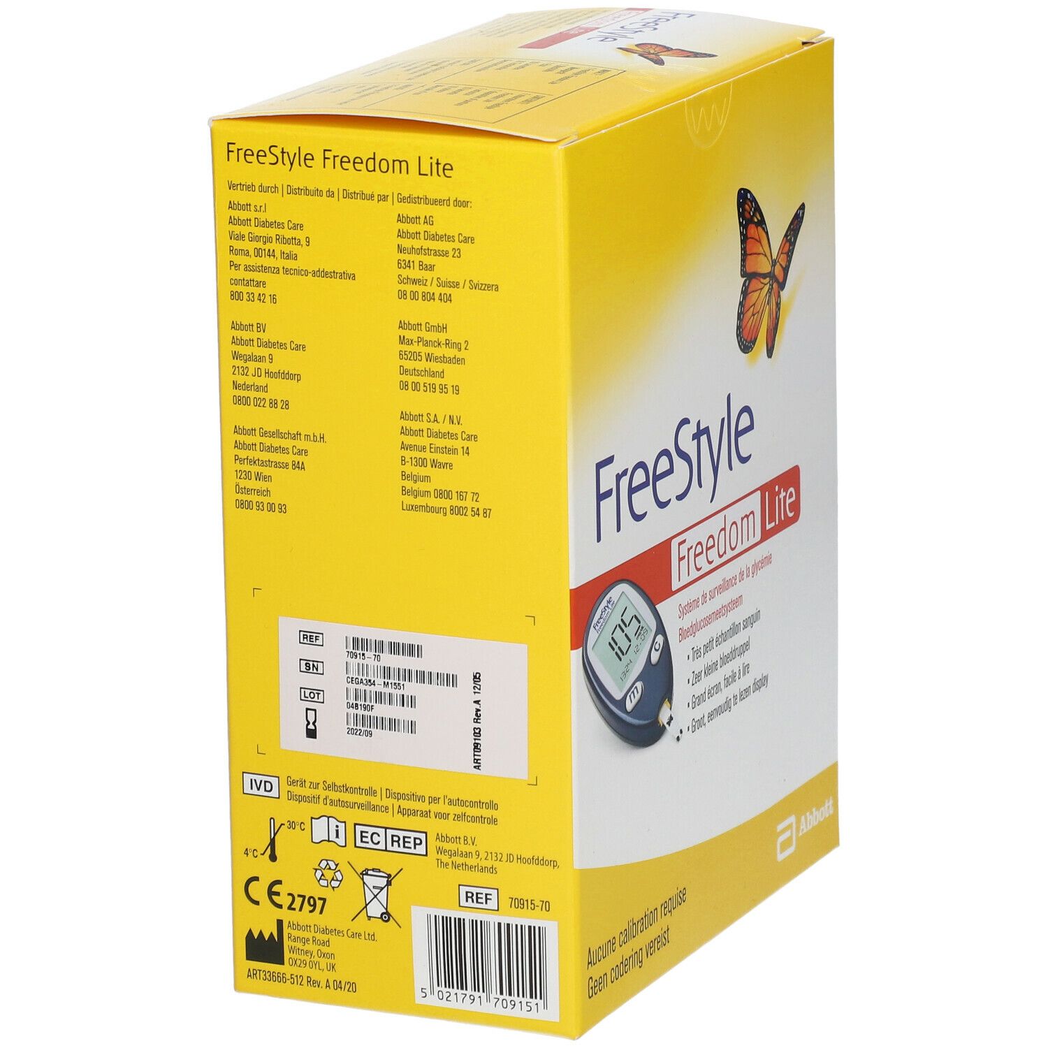 Dos de la boîte jaune "FreeStyle Freedom Lite". Contient des informations, codes-barres et marquage CE.