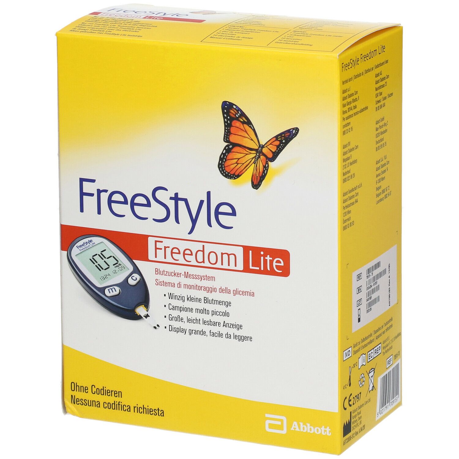 Boîte jaune avec logo "FreeStyle Freedom Lite" et illustration d'un lecteur de glycémie. Texte en allemand, italien, français.