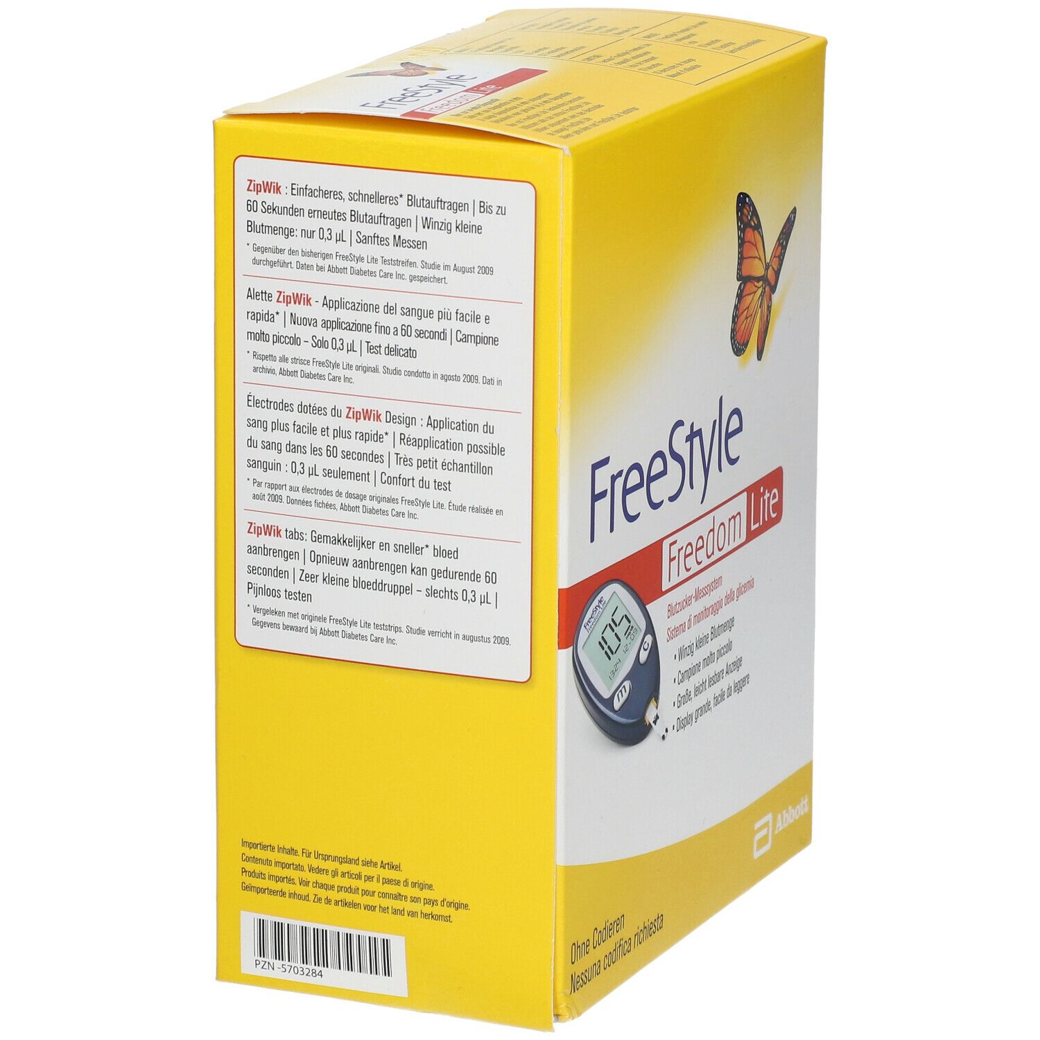Boîte jaune avec logo "FreeStyle Freedom Lite" et texte. Contient des informations sur l'application.