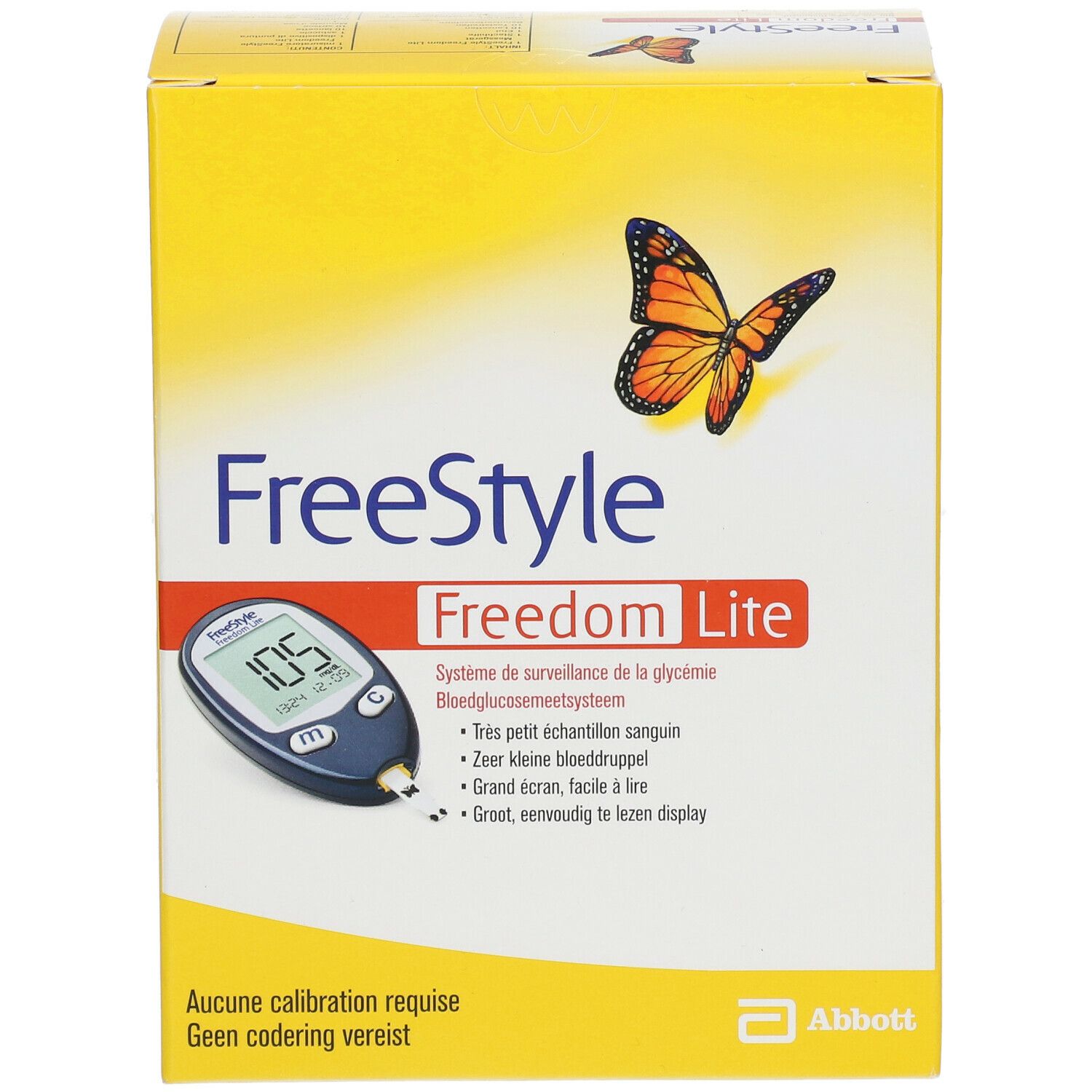 Boîte jaune avec logo "FreeStyle Freedom Lite" et illustration d'un lecteur de glycémie. Texte en allemand, français, néerlandais.