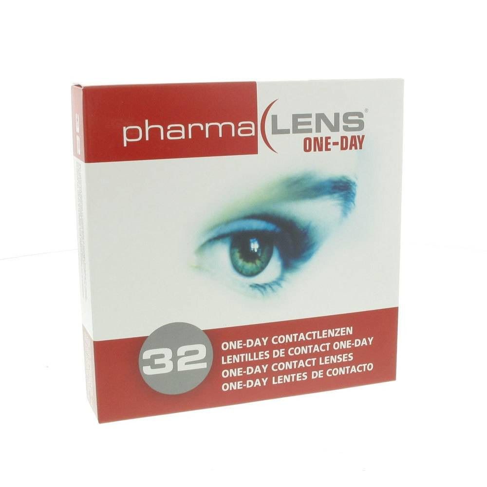 Boîte de lentilles de contact. Inscription : pharma LENS ONE-DAY, 32 pièces. Image d'un œil.