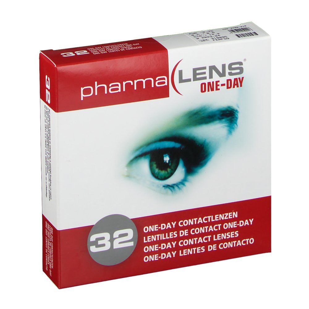 Boîte de lentilles de contact. Inscription : pharma LENS ONE-DAY, 32 pièces. Image d'un œil. Vue de face.