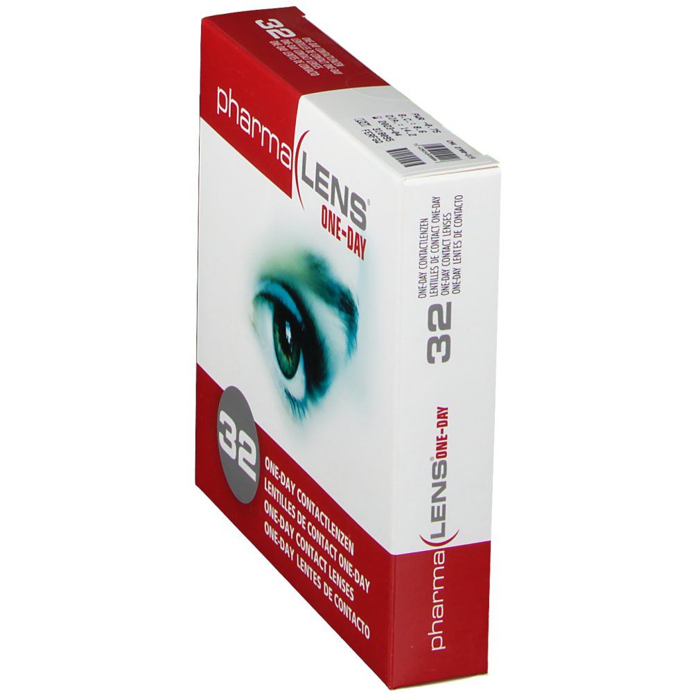 Boîte de lentilles de contact. Inscription : pharma LENS ONE-DAY, 32 pièces. Vue latérale.