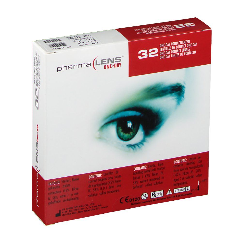 Boîte de lentilles de contact. Inscription : pharma LENS ONE-DAY, 32 pièces. Contient des informations et des ingrédients.