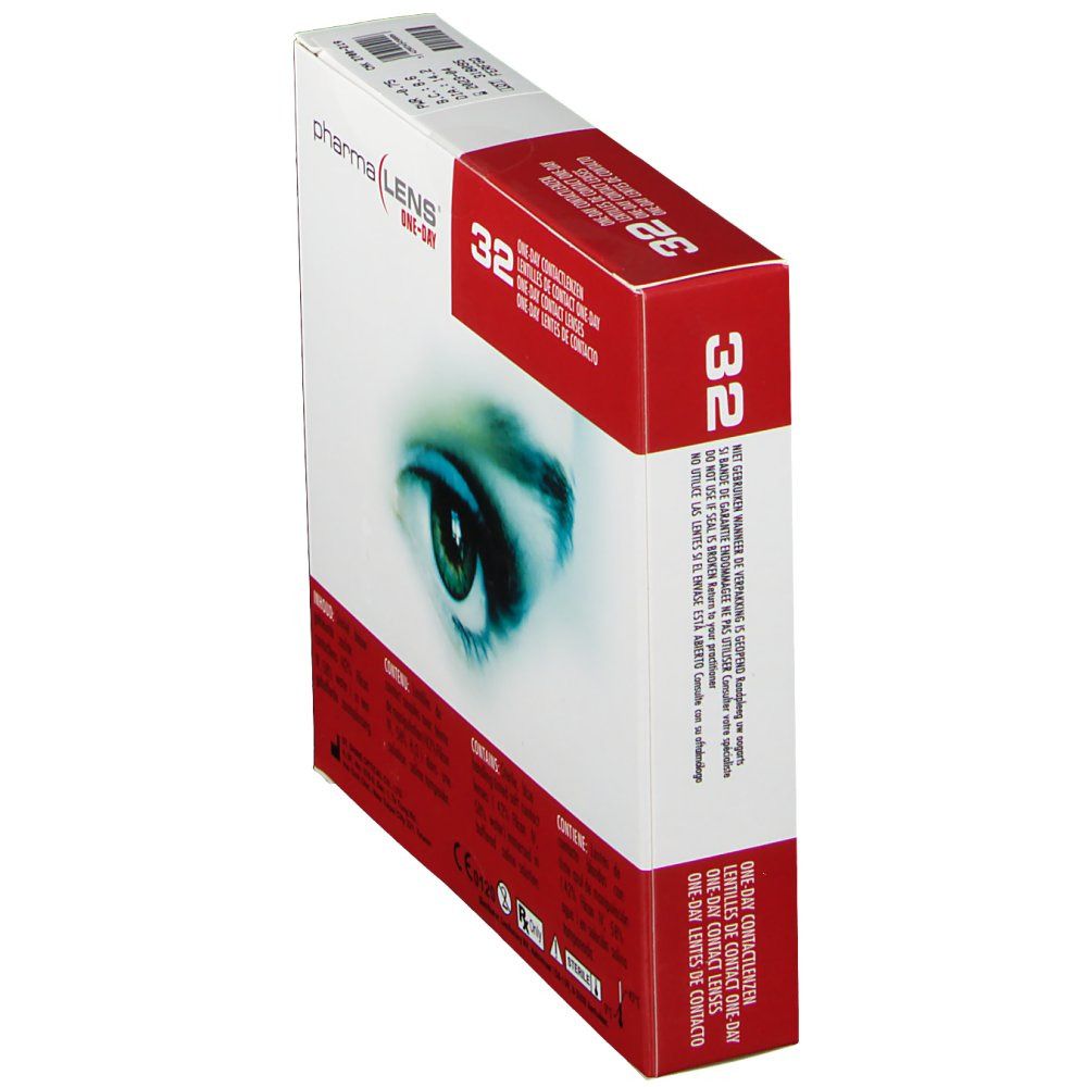Boîte de lentilles de contact. Inscription : pharma LENS ONE-DAY, 32 pièces. Vue latérale.