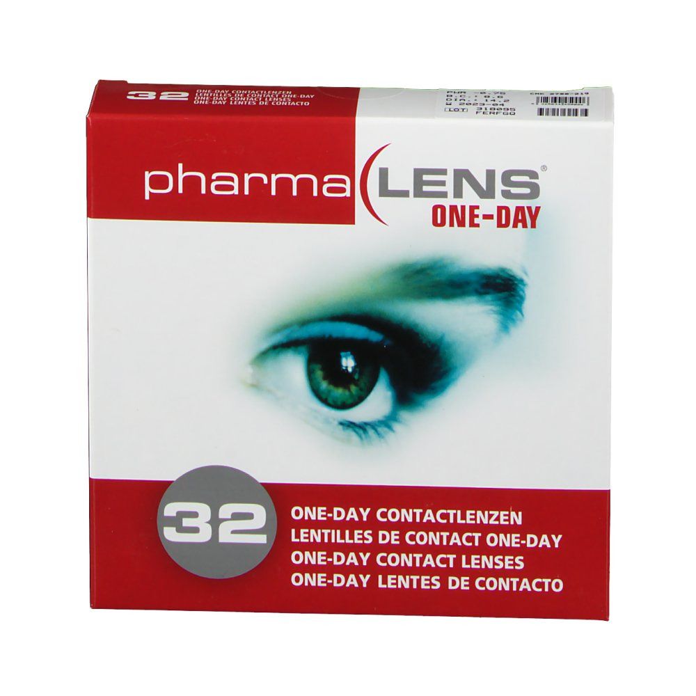 Boîte de lentilles de contact. Inscription : pharma LENS ONE-DAY, 32 pièces. Image d'un œil.