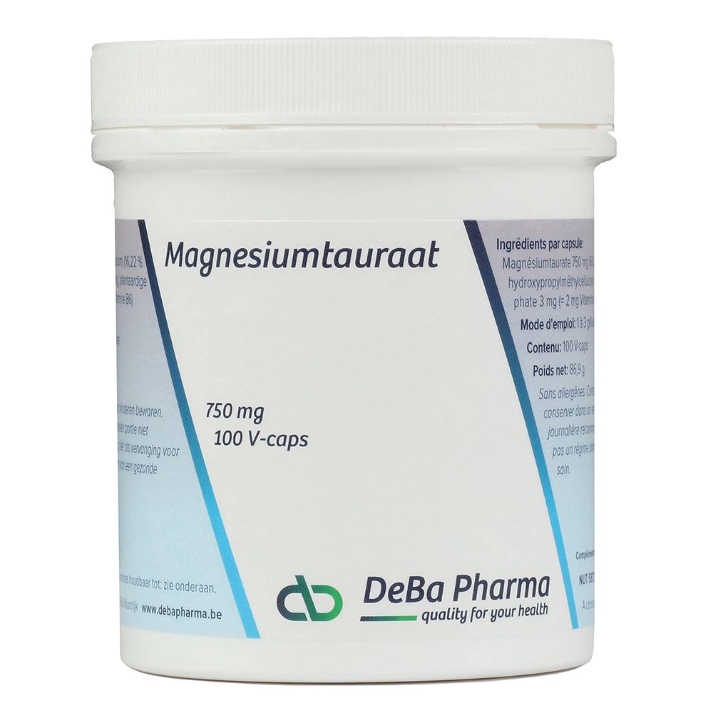 Pot en plastique blanc avec couvercle. Inscription: Magnesiumtauraat 750 mg, 100 V-caps. Logo DeBa Pharma.