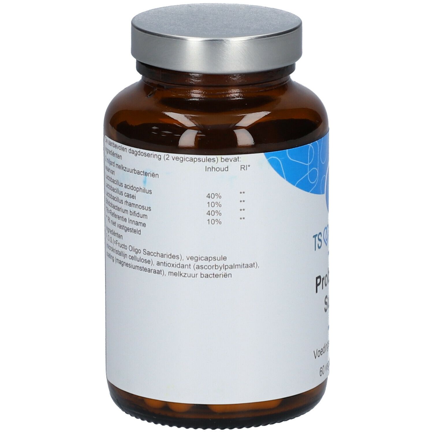 Bruine glazen fles met zilveren dop. Etiket met ingrediënten en voedingswaarde. Tekst: TS CHOICE Probiotica Super.