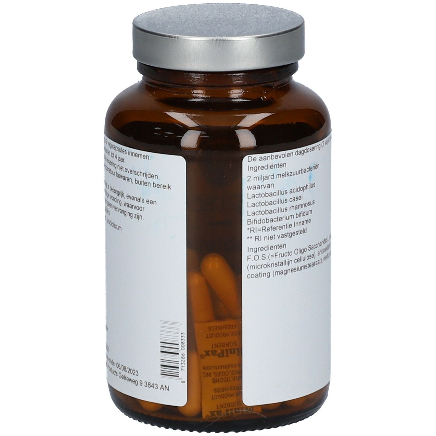 Bruine glazen fles met zilveren dop. Etiket met ingrediënten en dosering. Capsules zichtbaar. Tekst: TS CHOICE Probiotica Super.