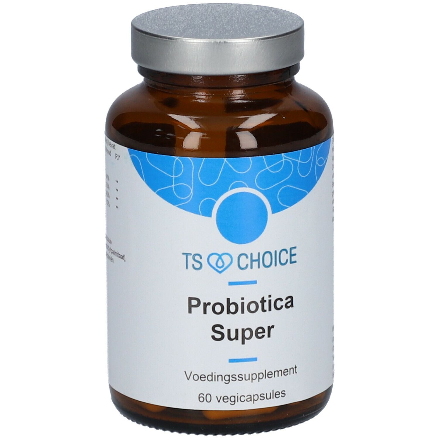 Bruine glazen fles met zilveren dop. Etiket met productnaam en logo. Tekst: TS CHOICE Probiotica Super, 60 Vegicapsules.