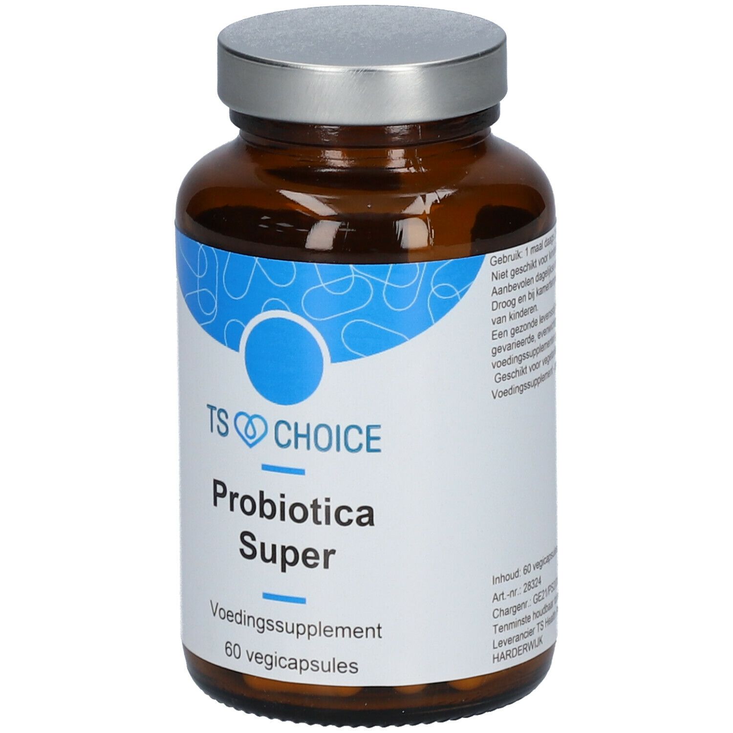 Bruine glazen fles met zilveren dop. Etiket met productnaam en logo. Tekst: TS CHOICE Probiotica Super, 60 Vegicapsules.