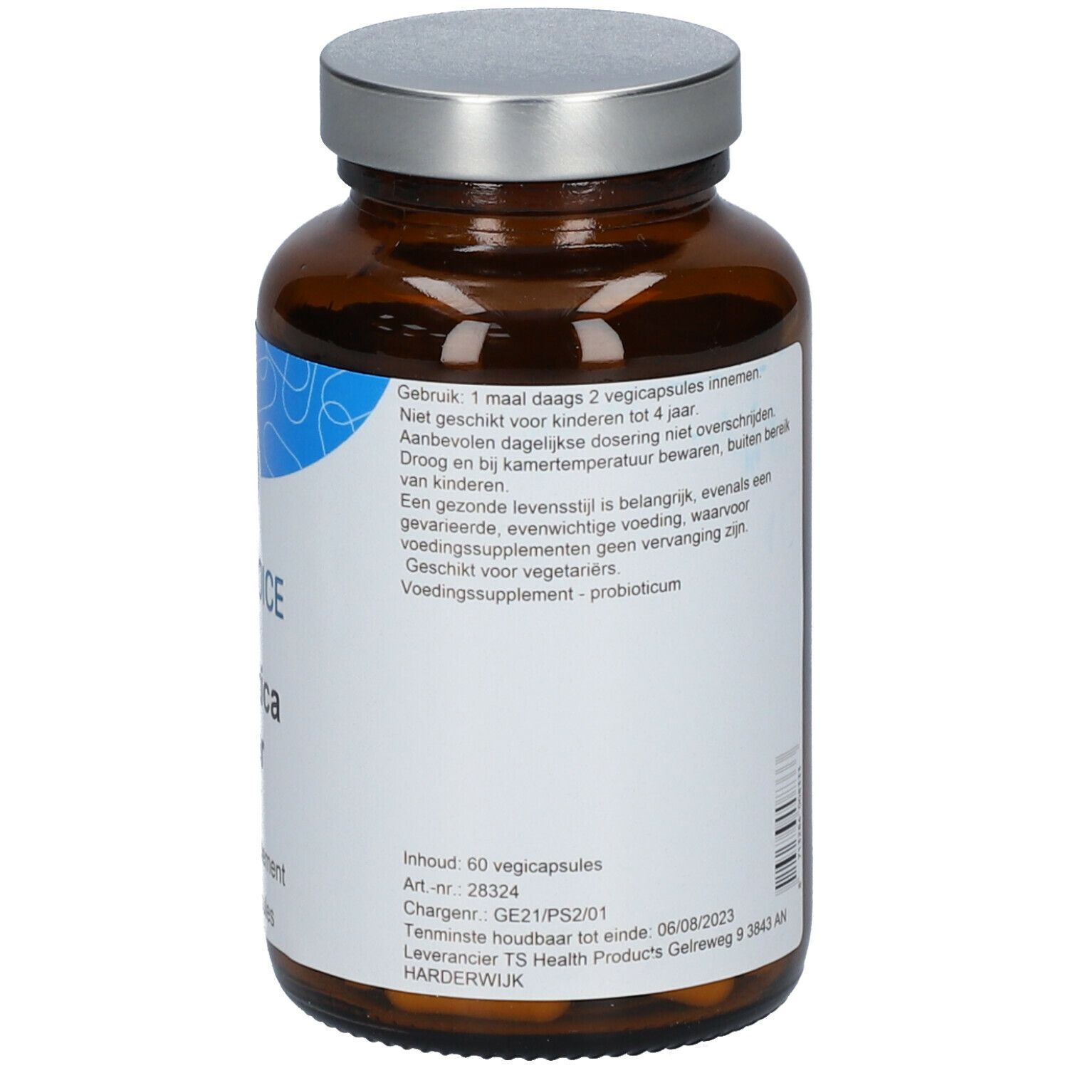 Bruine glazen fles met zilveren dop. Etiket met productinformatie en ingrediënten. Tekst: TS CHOICE Probiotica Super, 60 Vegicapsules.