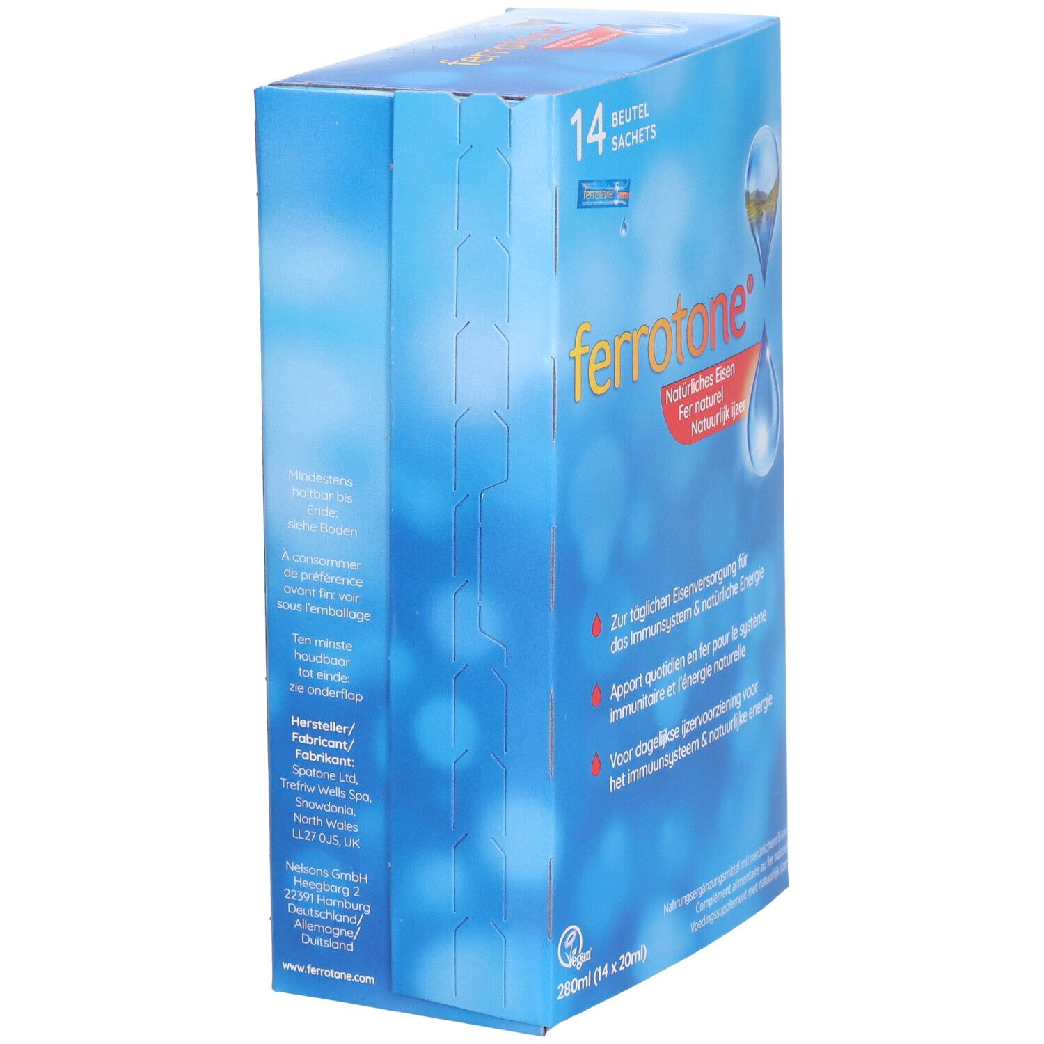 Confezione blu con logo "ferrotone®". 14 bustine. Vista laterale con testo. Testo: Ferro naturale. Per l'apporto quotidiano di ferro.