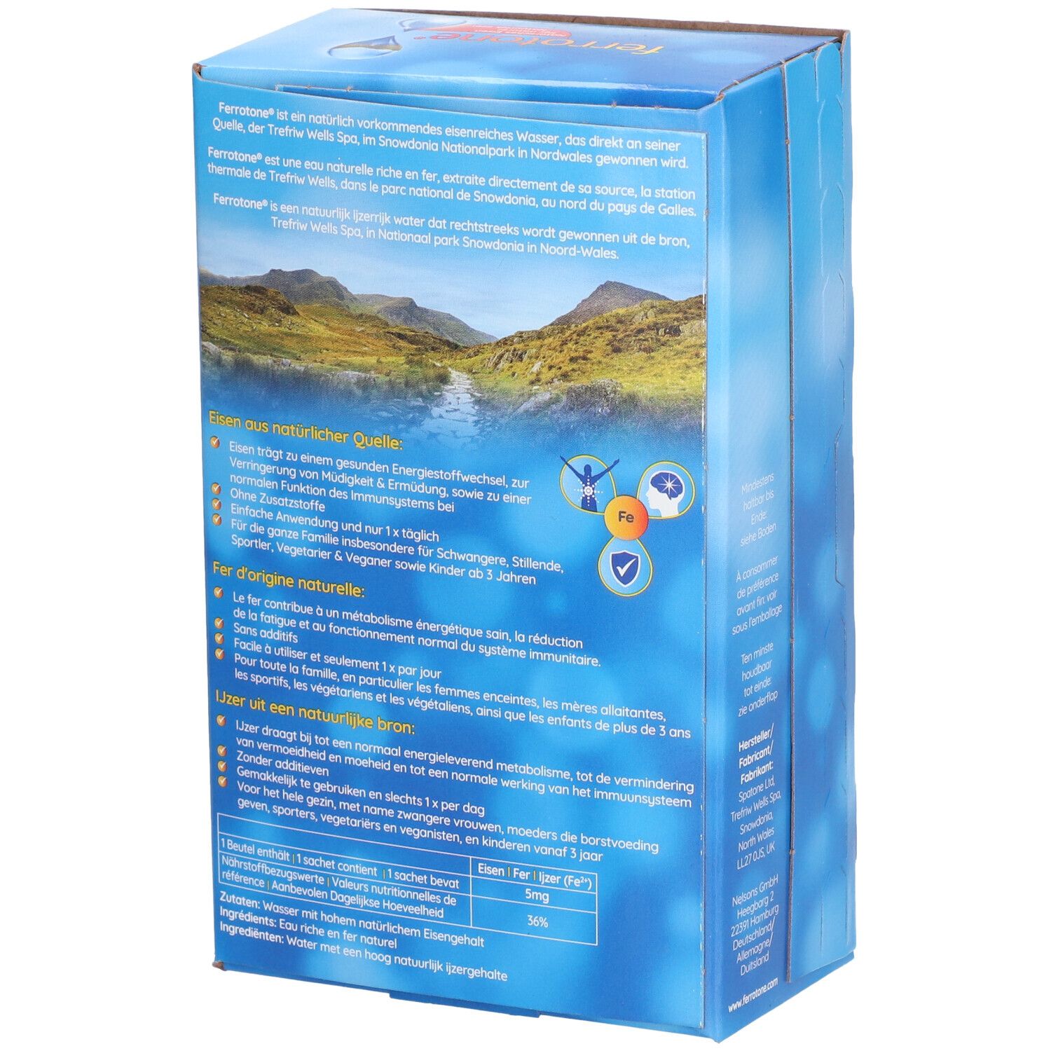 Retro della confezione blu "ferrotone®". Testo sulla fonte naturale, ferro e ingredienti. Paesaggio.