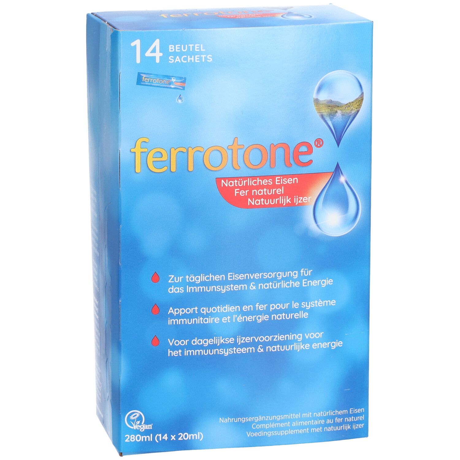 Confezione blu con logo "ferrotone®". 14 bustine. Testo: Ferro naturale. Per l'apporto quotidiano di ferro.