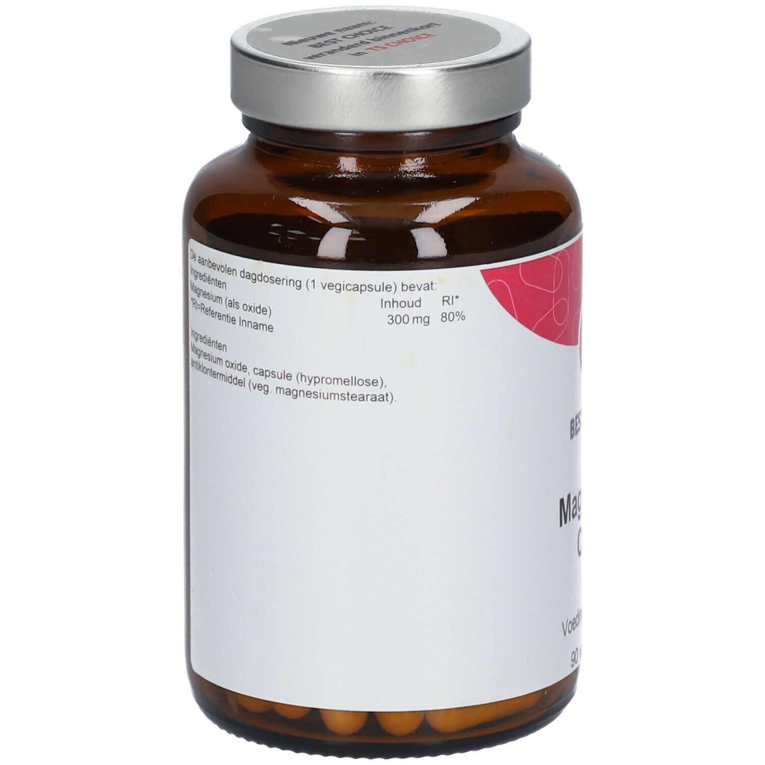 Bruine glazen fles met zilveren dop. Etiket met informatie: Magnesium Oxide, 300mg, 80% RI. Achteraanzicht.