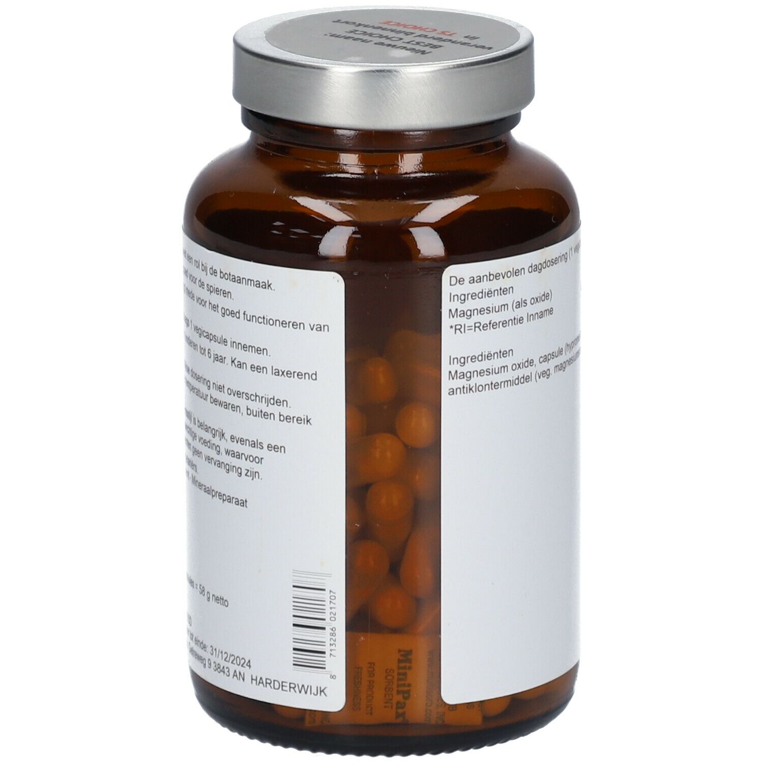 Bruine glazen fles met zilveren dop. Etiket met informatie en barcode. Fles gedeeltelijk gevuld met capsules.