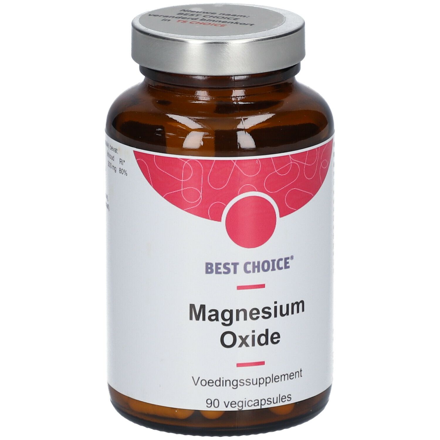 Bruine glazen fles met zilveren dop. Etiket met rood design en tekst: BEST CHOICE Magnesium Oxide, 90 Vegicapsules.