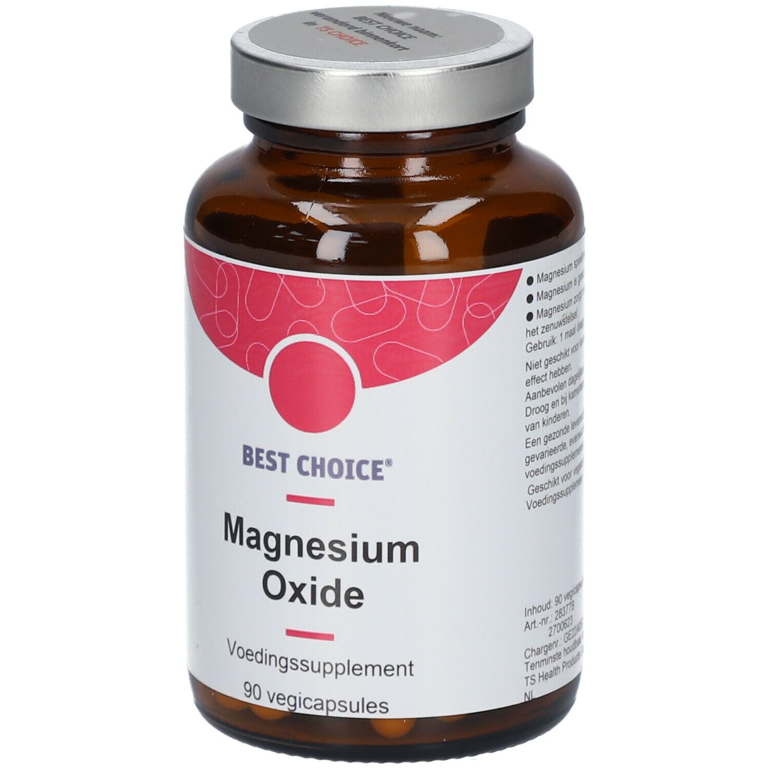 Bruine glazen fles met zilveren dop. Etiket met rood design en tekst: BEST CHOICE Magnesium Oxide, 90 Vegicapsules. Zijaanzicht.