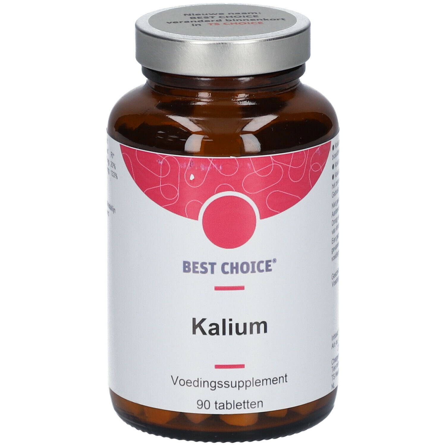 Braune Glasflasche mit Schraubverschluss. Etikett mit "BEST CHOICE Kalium", "90 tabletten".