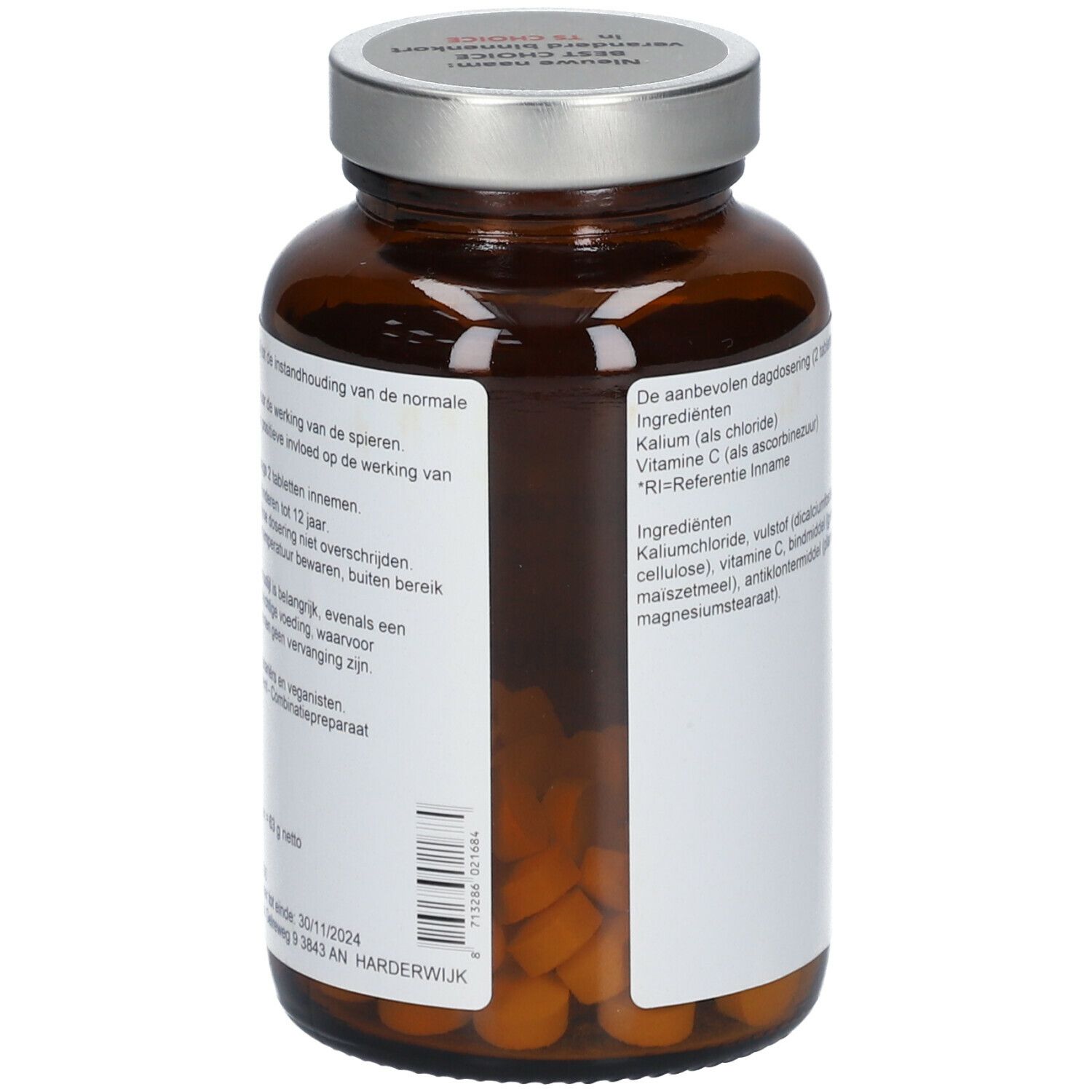 Braune Glasflasche mit Schraubverschluss. Etikett mit Inhaltsstoffen und Verfallsdatum.