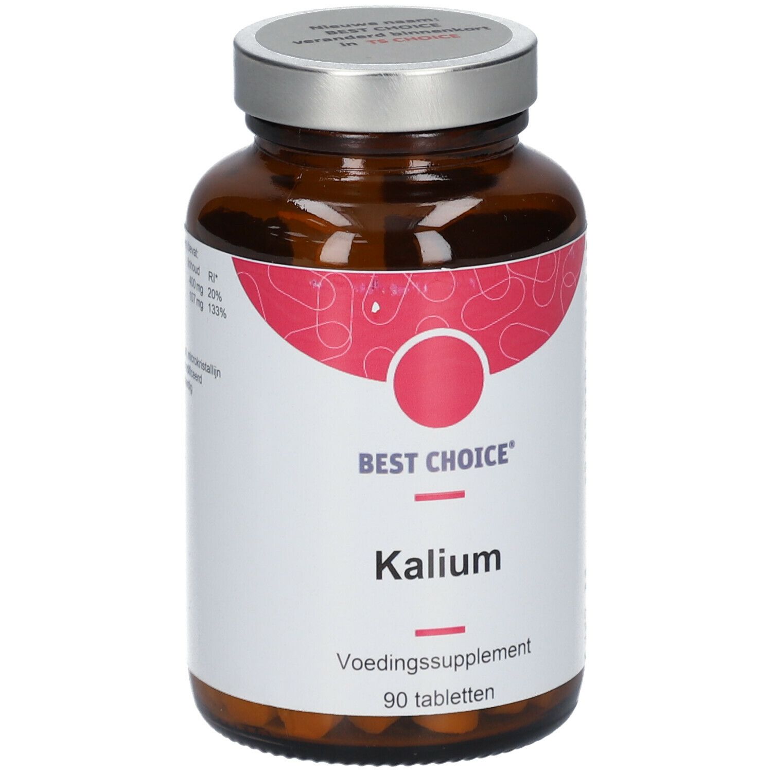 Braune Glasflasche mit Schraubverschluss. Etikett mit "BEST CHOICE Kalium", "90 tabletten".