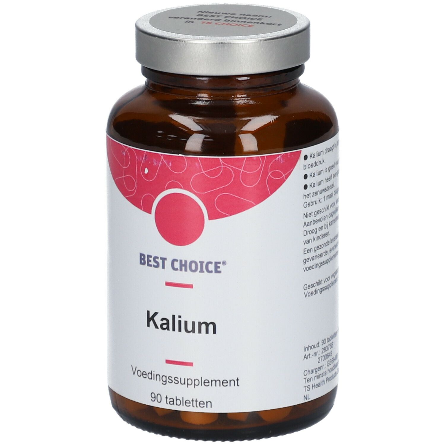 Braune Glasflasche mit Schraubverschluss. Etikett mit "BEST CHOICE Kalium", "90 tabletten".