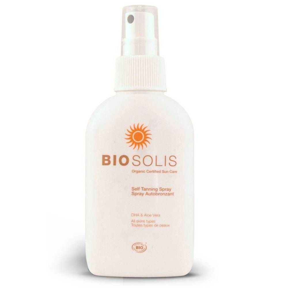 Witte sprayfles BIO SOLIS. Tekst: Self Tanning Spray, Spray Autobronzant. Zonne-logo en biologische certificering.