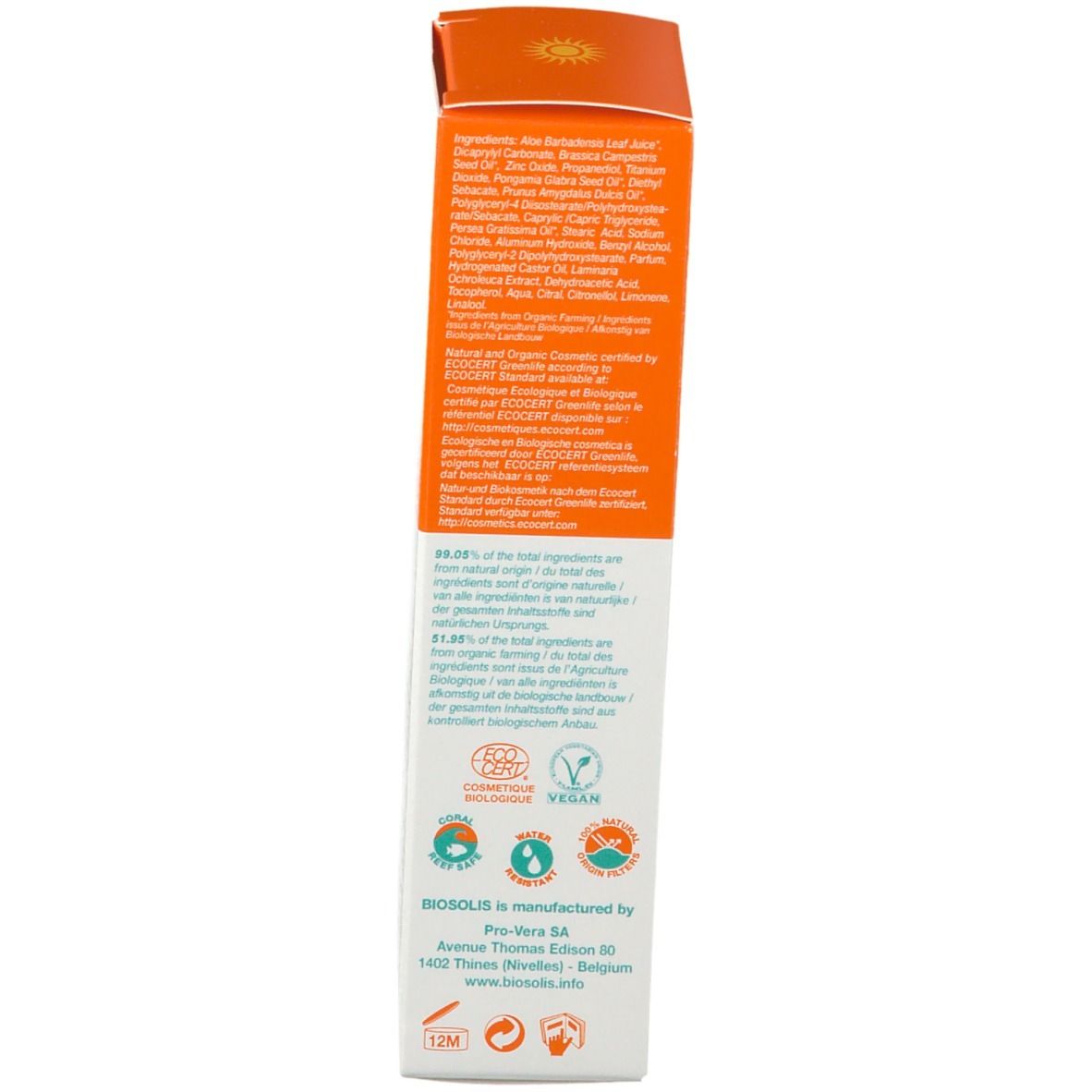 Dos de la boîte. Texte: Ingrédients, ECOCERT, Vegan. Informations fabricant.