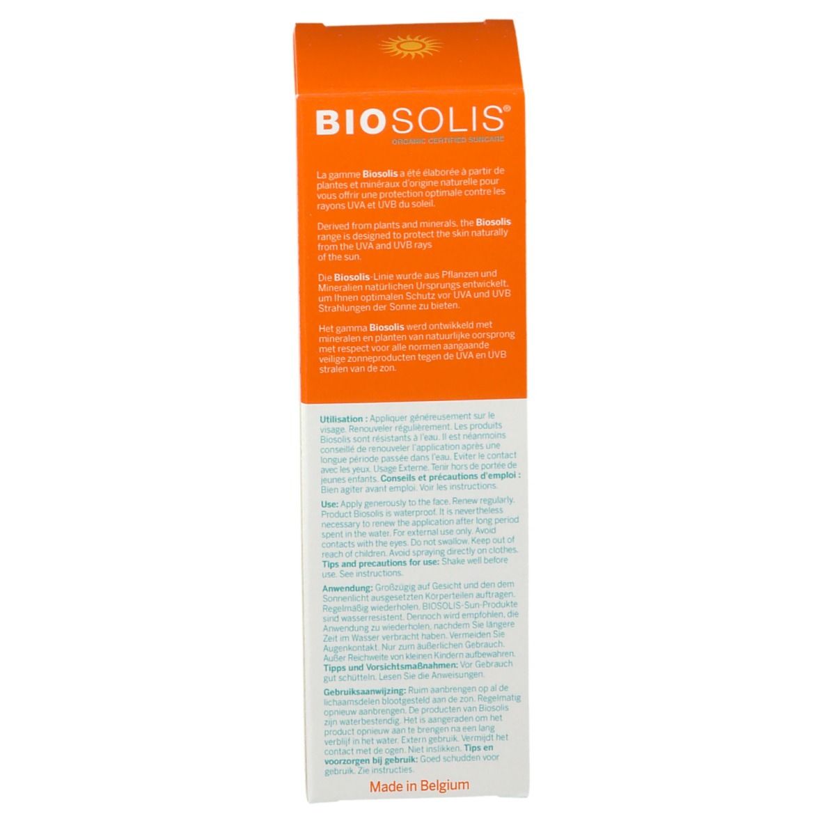 Côté de la boîte. Texte: Conseils d'utilisation, BIO SOLIS, protection UVA/UVB. Fabriqué en Belgique.