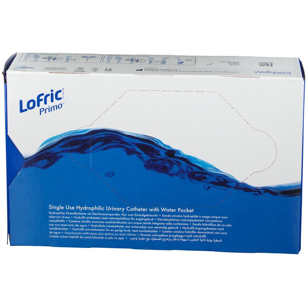 Boîte LoFric Primo. Emballage bleu et blanc. Texte: Single Use Hydrophilic Urinary Catheter with Water Pocket.