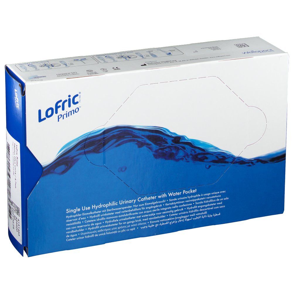 Boîte LoFric Primo. Emballage bleu et blanc. Texte: Single Use Hydrophilic Urinary Catheter with Water Pocket.