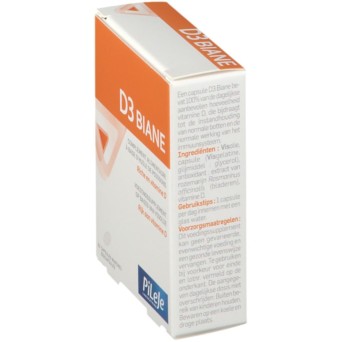Boîte "D3 Biane" avec texte. Marque : Pileje. Dos avec ingrédients et instructions.