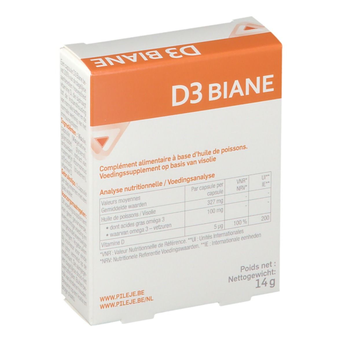 Boîte "D3 Biane" avec texte. Analyse nutritionnelle. Marque : Pileje. Poids net : 14g.