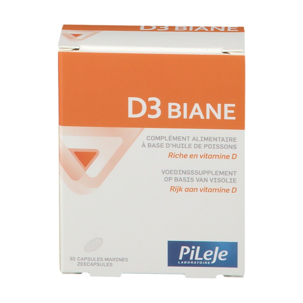 Boîte "D3 Biane" avec texte. Contient 30 capsules. Marque : Pileje.