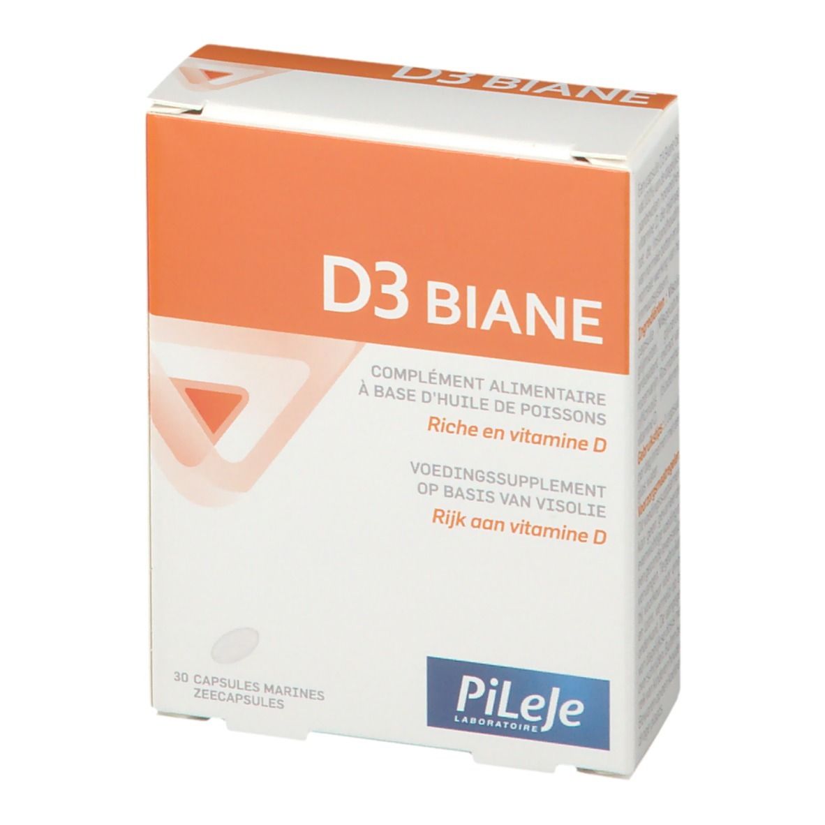 Boîte "D3 Biane" avec texte. Contient 30 capsules. Marque : Pileje.