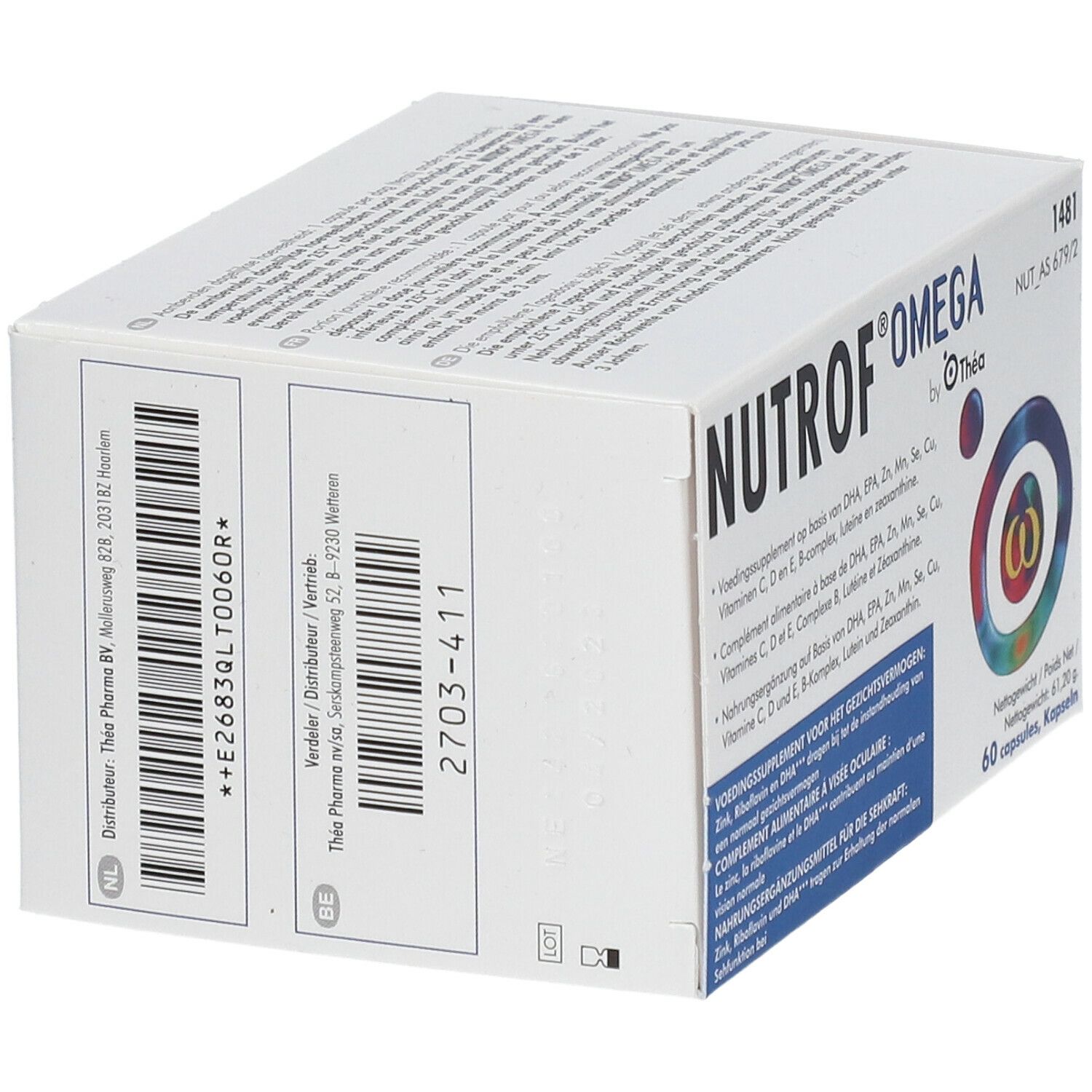 Witte doos, NUTROF® OMEGA, Thea logo. Streepjescodes en tekst op de zijkant. Bevat 60 capsules.