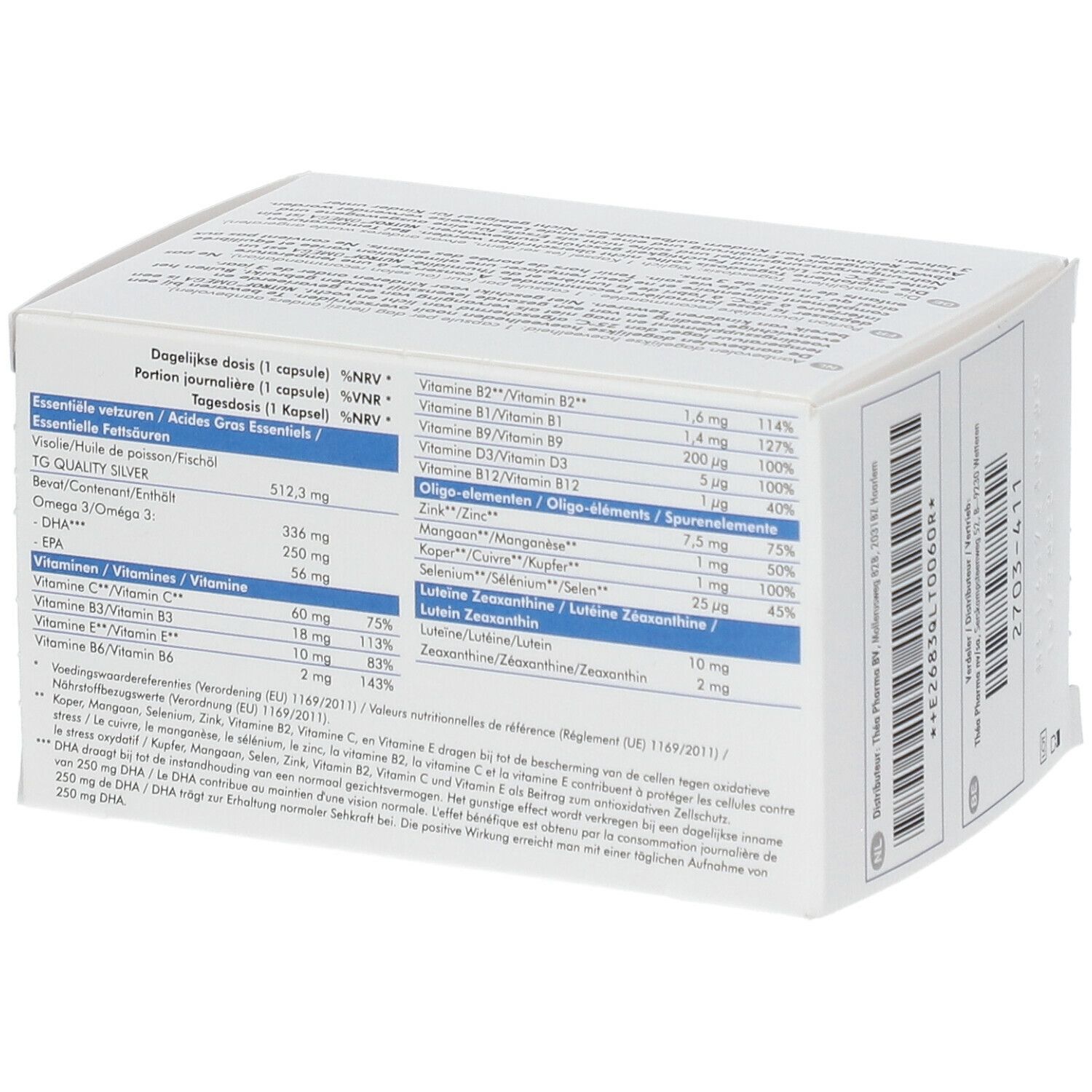 Achterkant van de witte doos. Voedingswaardetabel. Bevat vitaminen, mineralen en sporenelementen.