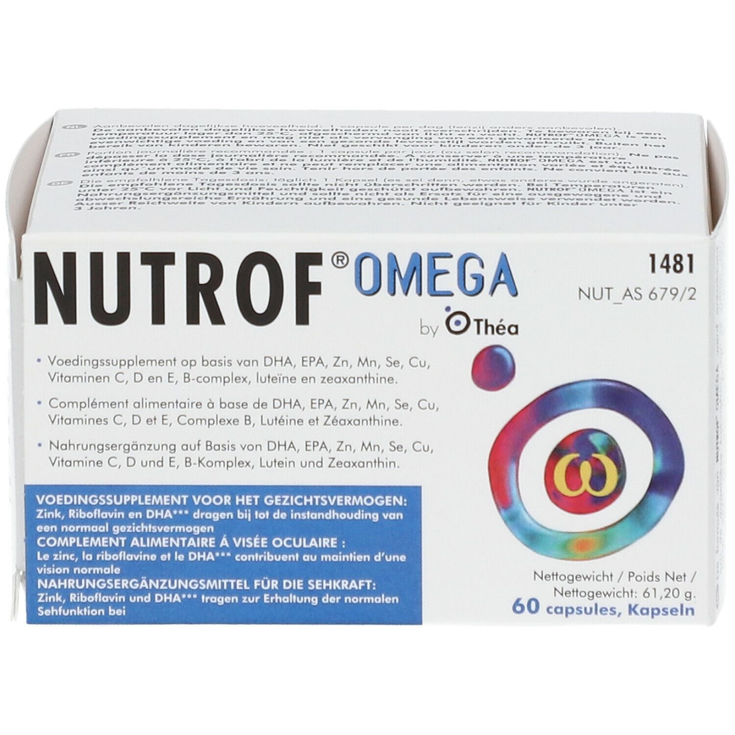 Witte doos met NUTROF® OMEGA. Thea logo. Bevat 60 capsules. Meertalige teksten.