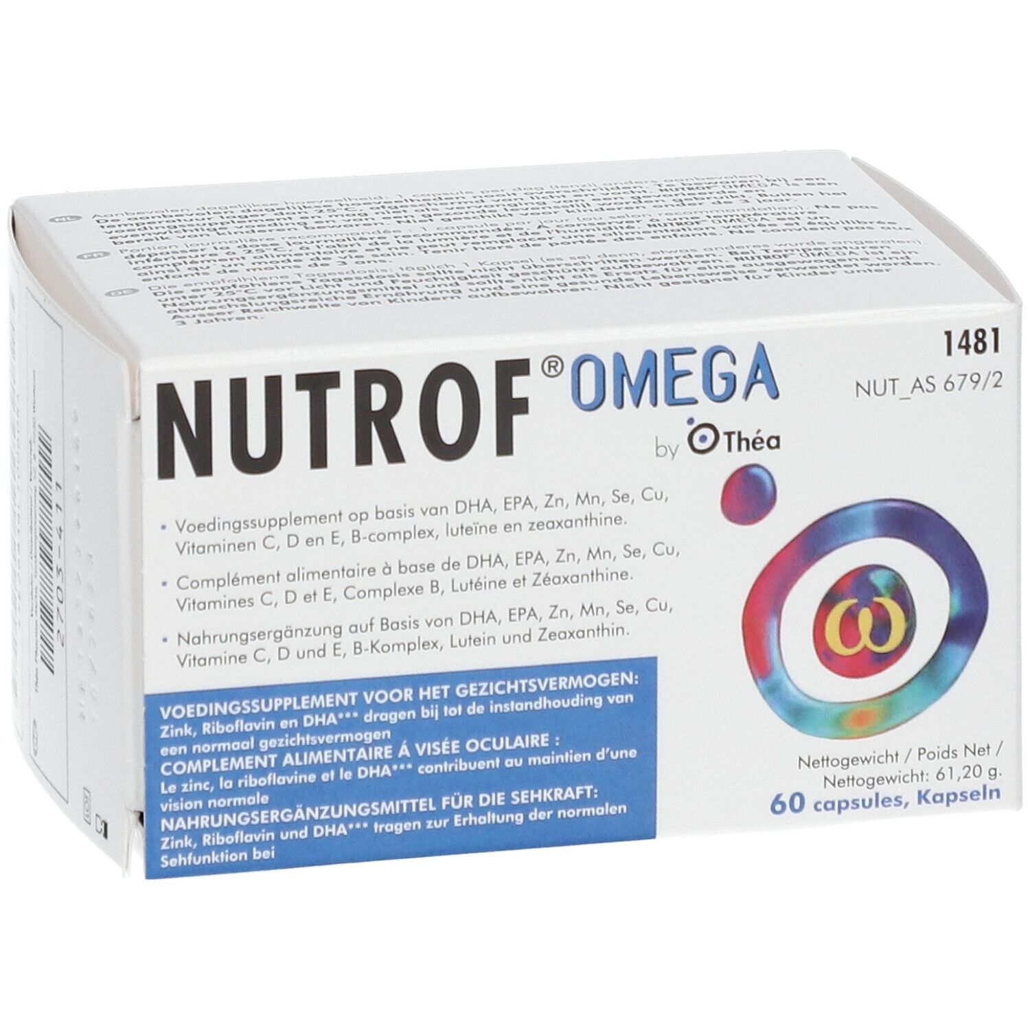 Witte doos met NUTROF® OMEGA. Thea logo. Bevat 60 capsules. Meertalige teksten.