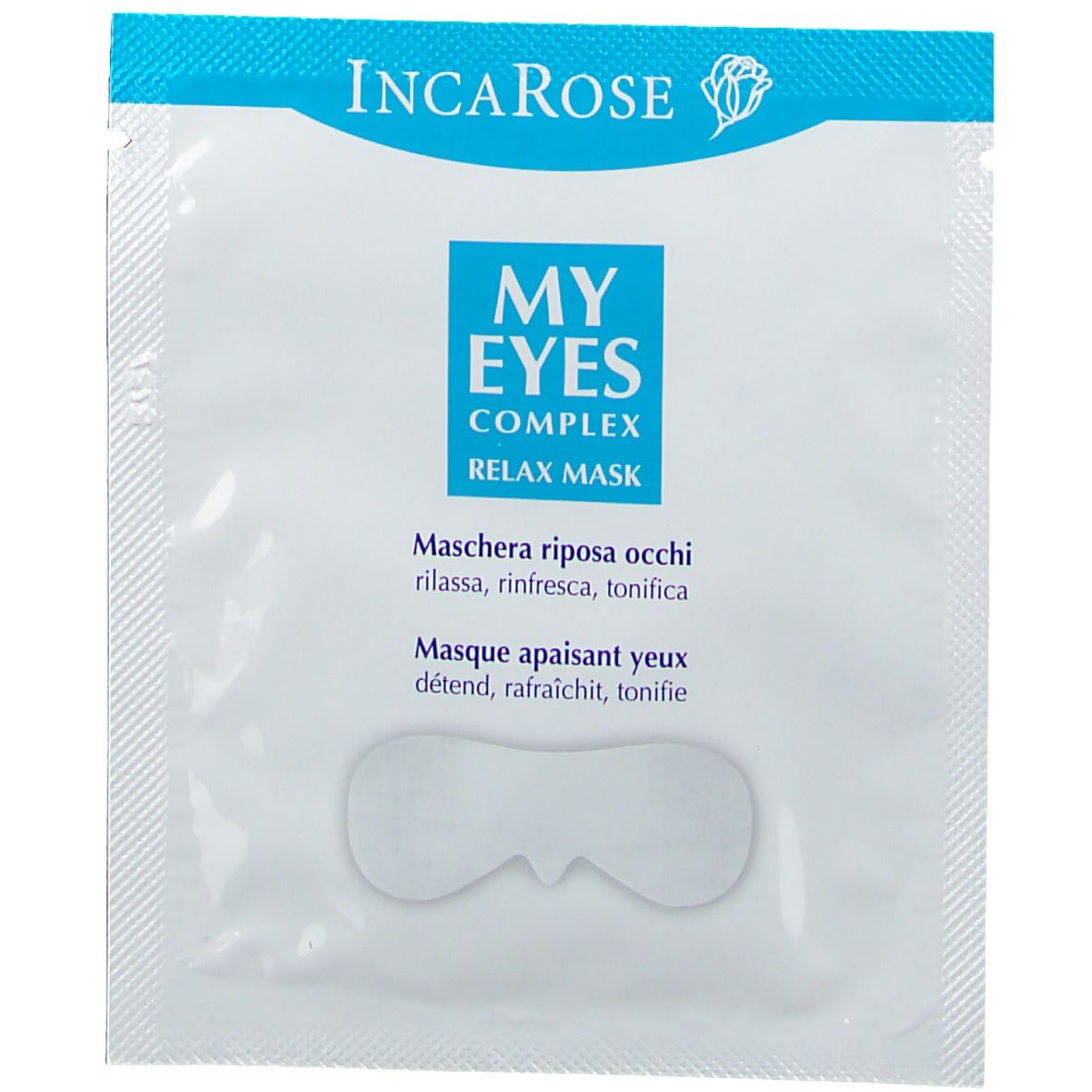 Sachet blanc avec masque pour les yeux. Texte bleu: MY EYES COMPLEX RELAX MASK. Textes en italien et français.