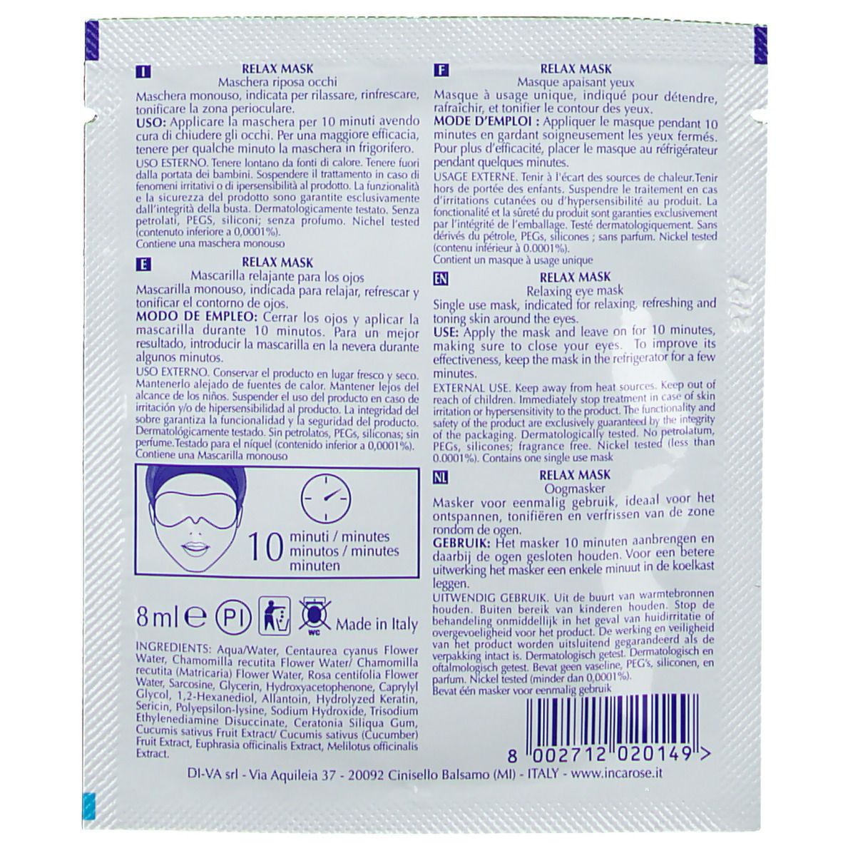 Dos du sachet de masque pour les yeux. Texte multilingue. Illustration d'une paire d'yeux avec un masque.
