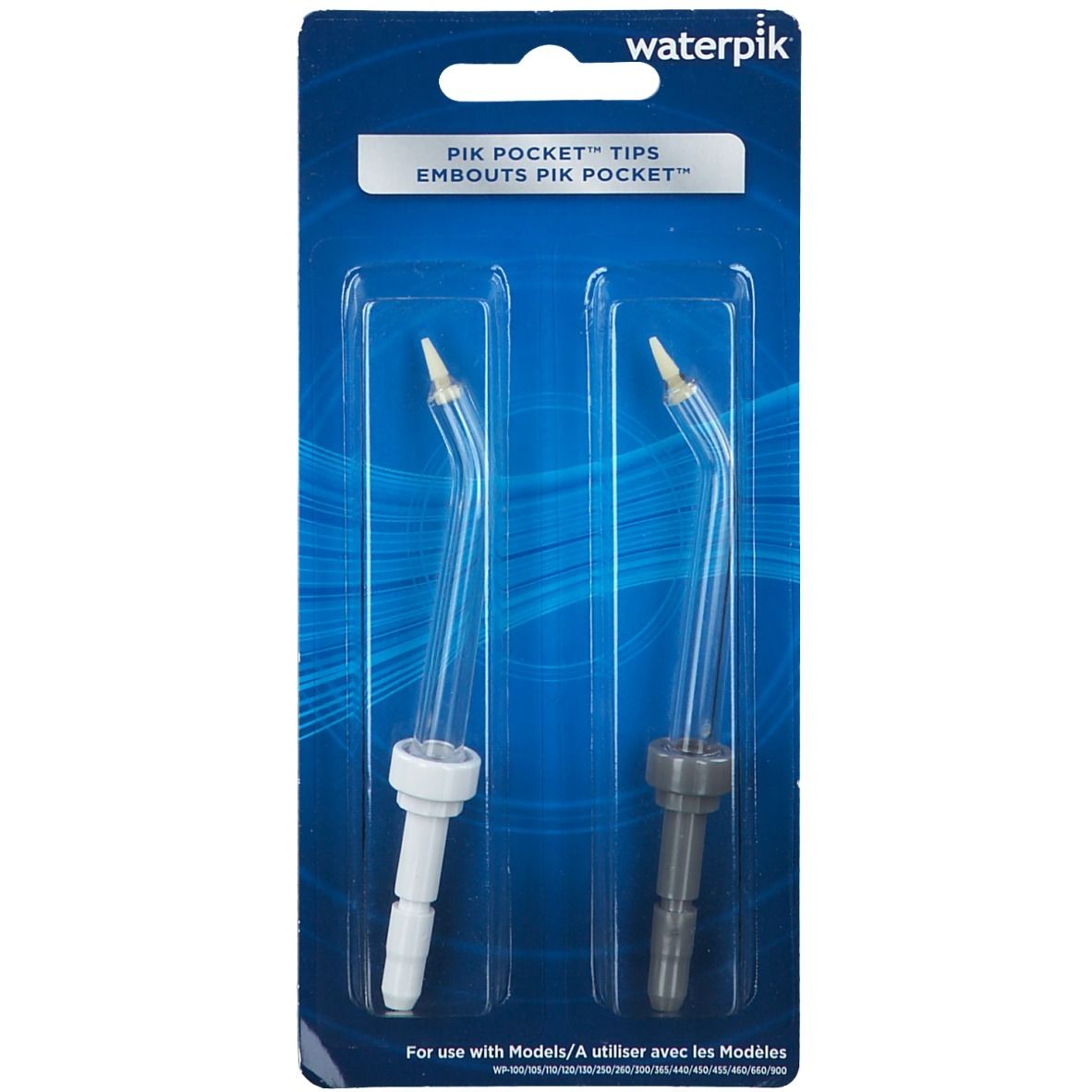 Deux embouts Pik Pocket Waterpik dans un emballage blister. Embouts blancs et gris avec tubes transparents.