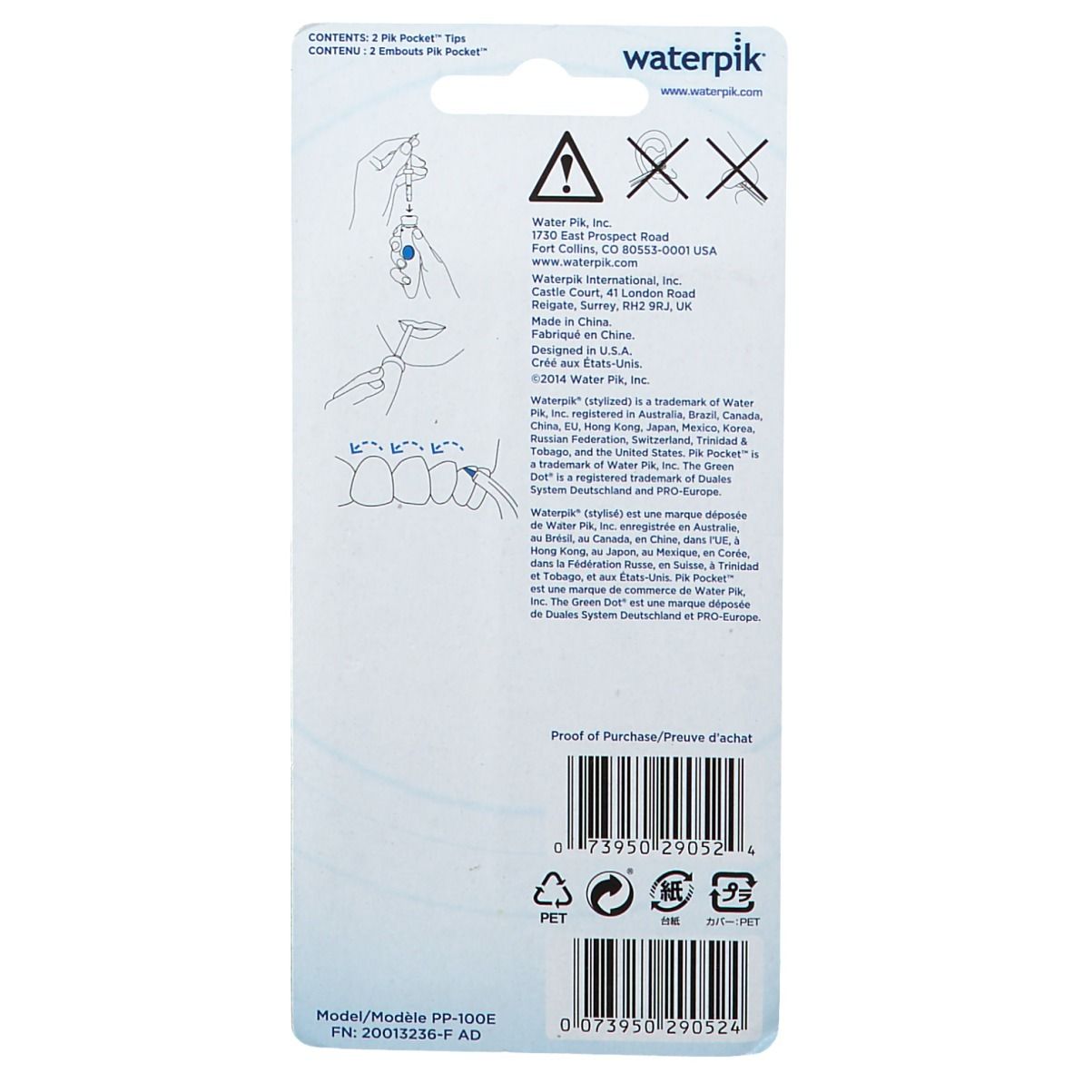 Dos de l'emballage des embouts Pik Pocket Waterpik. Texte, pictogrammes et code-barres sur fond bleu.
